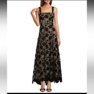NWT Antonio Melani
Jenneth Schiffli Lace Sheer Illusion Square Neck  A-Line Gown